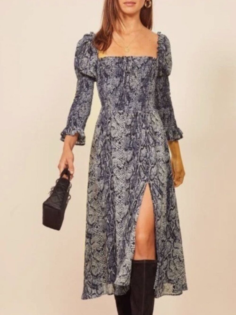 Reformation Rosamund snake print smocked midi size S